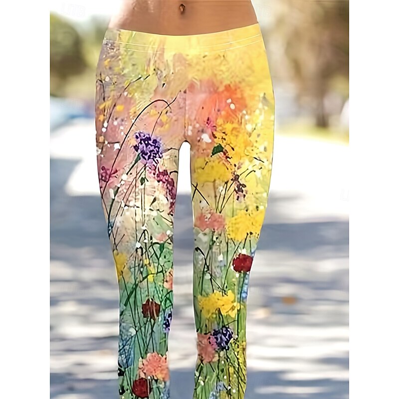 Women's Slacks Leggings Cozy Leggings Vacation Vintage Streetwear Full Length Natural Floral Graphic Flower Elastic Waist Print Comfy Outdoor Comfortable Stretchy Outdoor Vacation Streetwear Yellow3