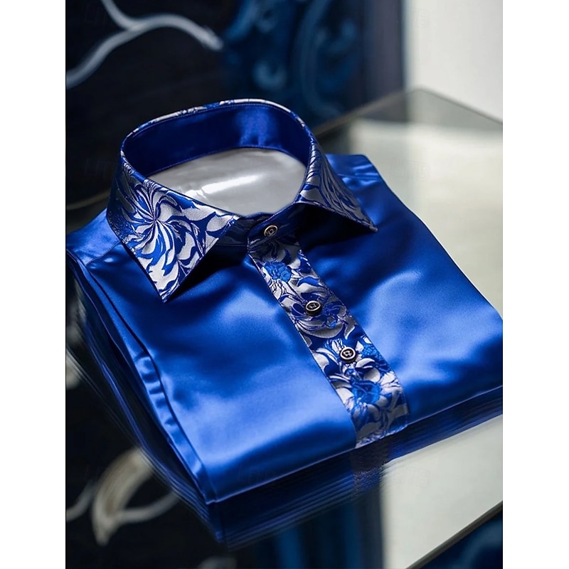 Men's Shirt Satin Shirt Dress Shirt Casual Shirt Button Up Shirt Prom Shirt Plain Formal Wedding Black Royal Blue Gold Long Sleeve Lapel Spring &  Fall All Seasons Clothing Apparel Patchwork2
