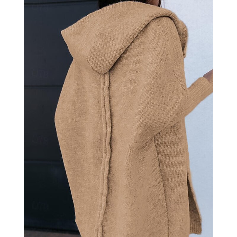 Women's Sweater Cardigan Streetwear Casual Solid Color Hooded Knitted Long Sleeve Long Tops Knit Daily Holiday Weekend Black Khaki Fall Winter
