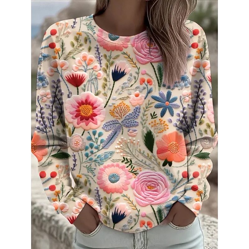 Women's Sweatshirts Floral Graphic Vintage Casual Long Sleeve Crew Neck Round Neck Regular Tops Street Dailywear Casual Print Pink Spring Fall Winter