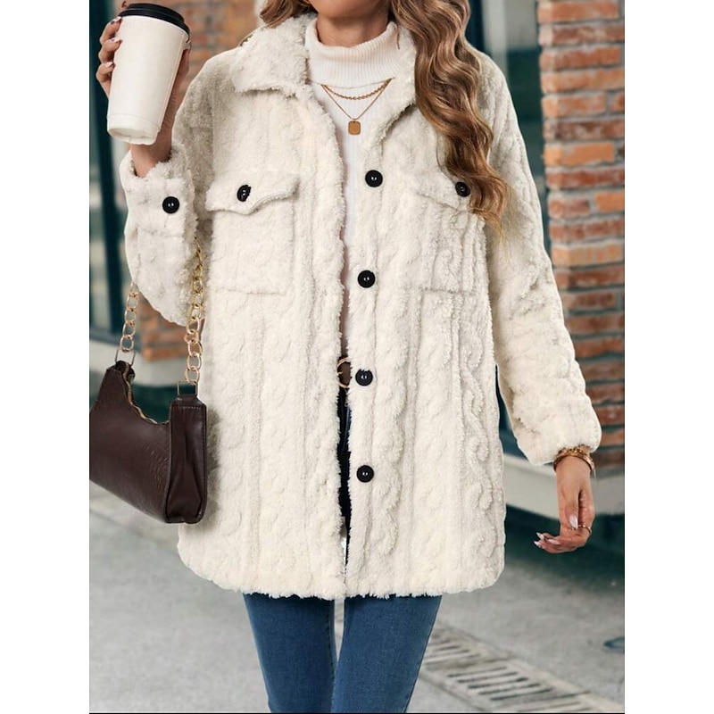 Women's Winter Coat Fleece Jacket Comfortable Breathable Pocket Buttons Casual Plain Vacation Street Casual Daily Wear Single Breasted Long Turndown Regular Fit Long Sleeve Outerwear Apricot Spring