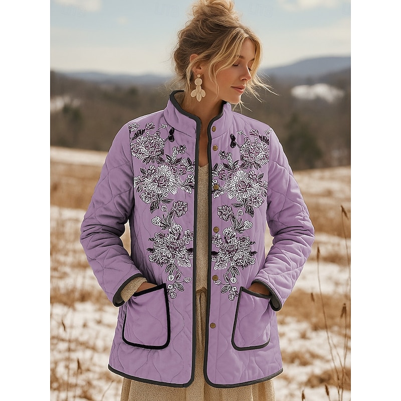 Women's Winter Jacket Quilted Jacket Warm Lightweight Embroidered Print Active Vintage Cute Artistic Floral Casual Short Stand Collar Regular Fit Long Sleeve Outerwear Pink Blue Purple Fall Winter2