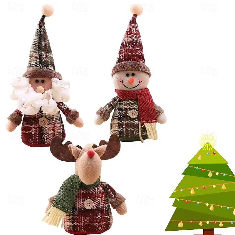 3PCS Christmas Plush Dolls – Desktop Figurines & Tree Ornaments, Snowflake & Plaid Holiday Decorations, Perfect Festive Gifts4