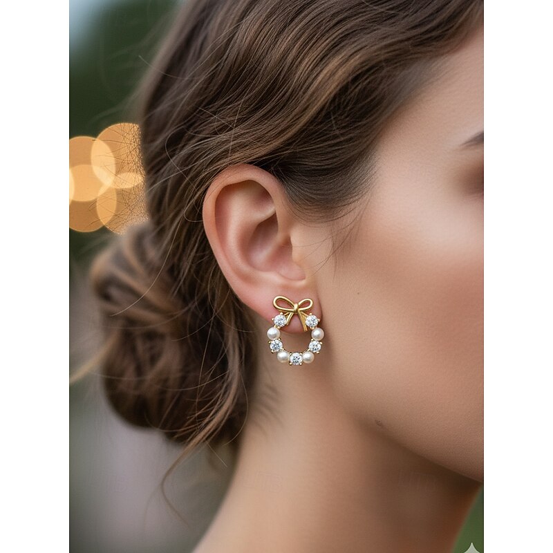 Women's Pearl Bow Earrings – Elegant Wreath Studs with Crystal Accents, Fashion Jewelry for Ladies & Christmas Gift3