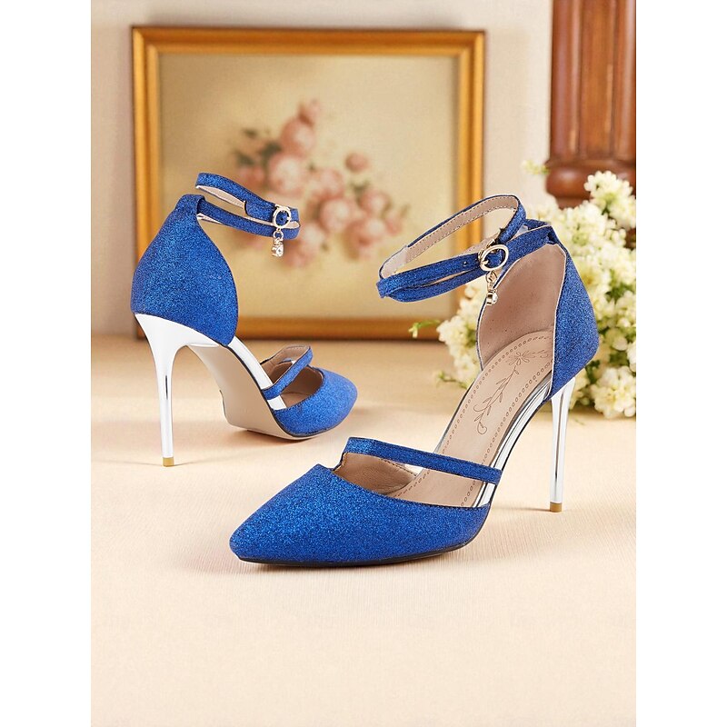 Women's Blue Glitter Pointed Toe Stiletto Heels with Ankle Strap - Sparkly Nightlife Party and Clubwear Shoes4
