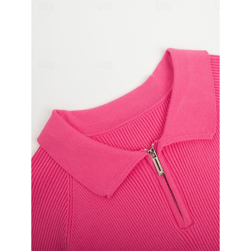 Women's Sweater Casual Soft Pure Color Ribbed Shirt Collar Knitted Long Sleeve Regular Tops Knit Outdoor Daily Weekend Pink Red Fall Winter4