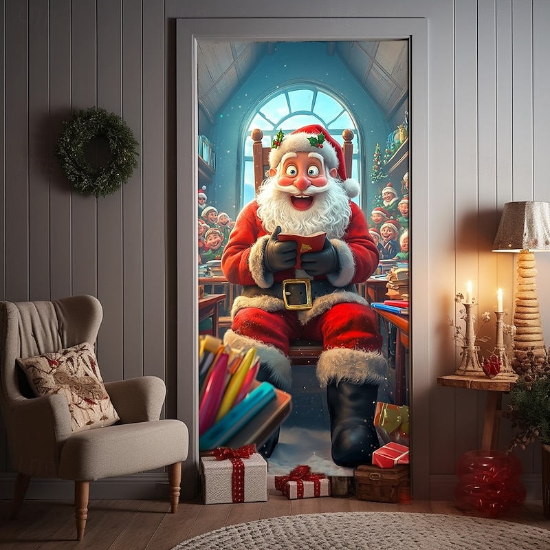 Christmas Door Cover Cartoon Style Holiday Decoration Drapes with Santa Claus Christmas Gift Boxes and Festive Christmas Meeting Print for Home Entryway Living Room Bedroom Indoor Outdoor Seasonal Dec4