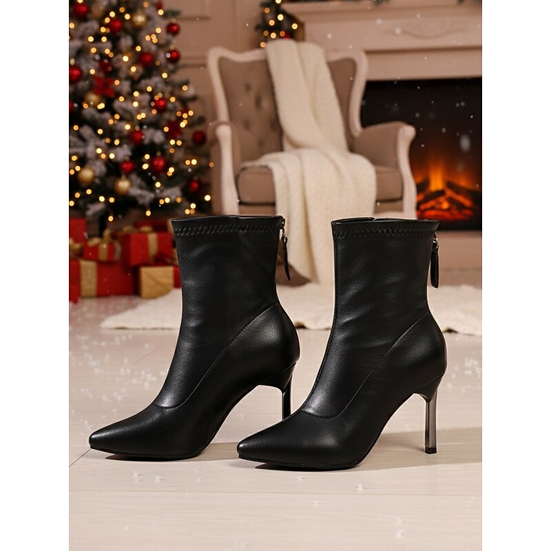 Women's Black Faux Leather Ankle Boots with Pointed Toe and Stiletto Heel – Elegant Slim Fit Short Boots for Ladies, Perfect for Christmas Parties, Evening Events & Formal Outfits