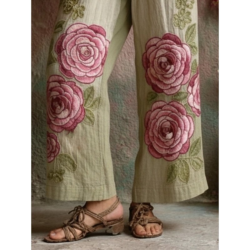 Women's Pants Trousers Straight Vacation Vintage Ethnic Style Full Length Mid Waist Floral Pocket Elastic Waist Print Comfy Breathability Micro-elastic Outdoor Vacation Street Green Summer Spring Fall3