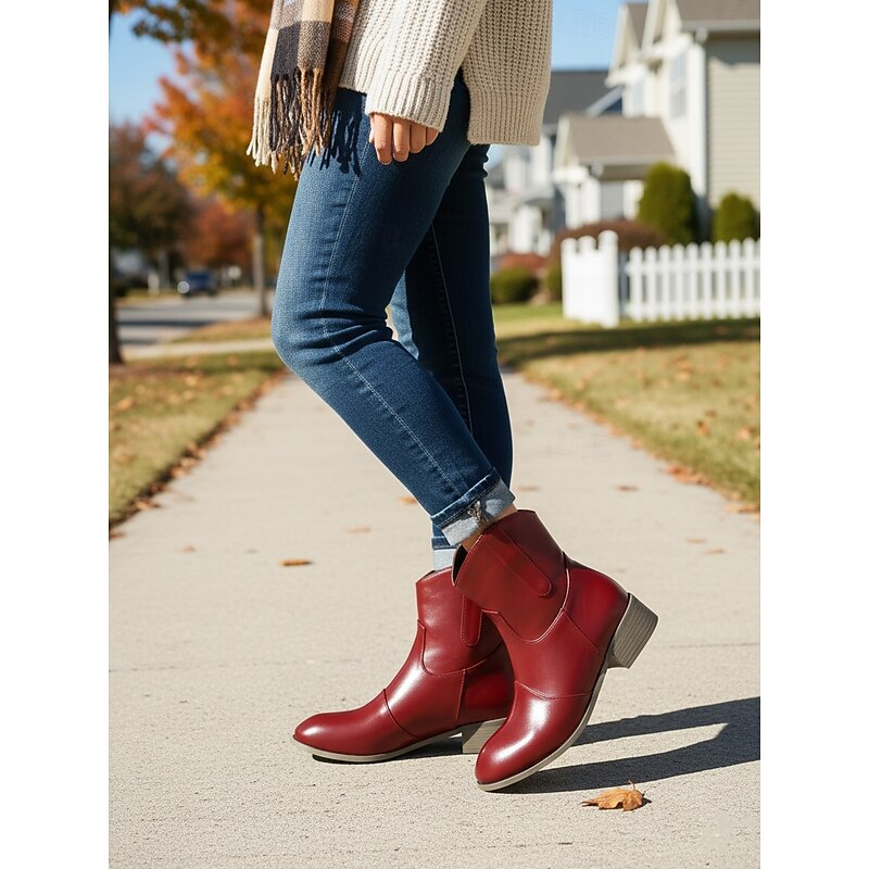 Women's Wine Red Faux Leather Ankle Boots – Casual Western Style Low Heel Short Boots for Work, Travel and Everyday Outfits2