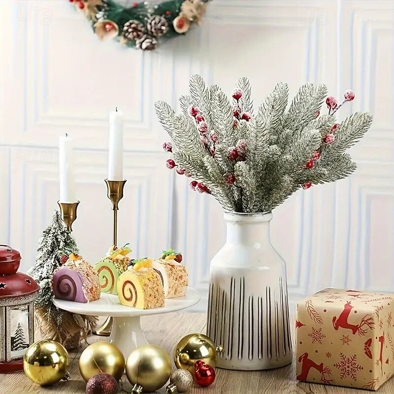 12pcs Christmas Winter White Artificial Holly and Cedar Branches with Snow-Flocked Pine Leaves, Perfect for DIY Wreaths, Christmas Tree, Holiday Home and Outdoor Decorations4