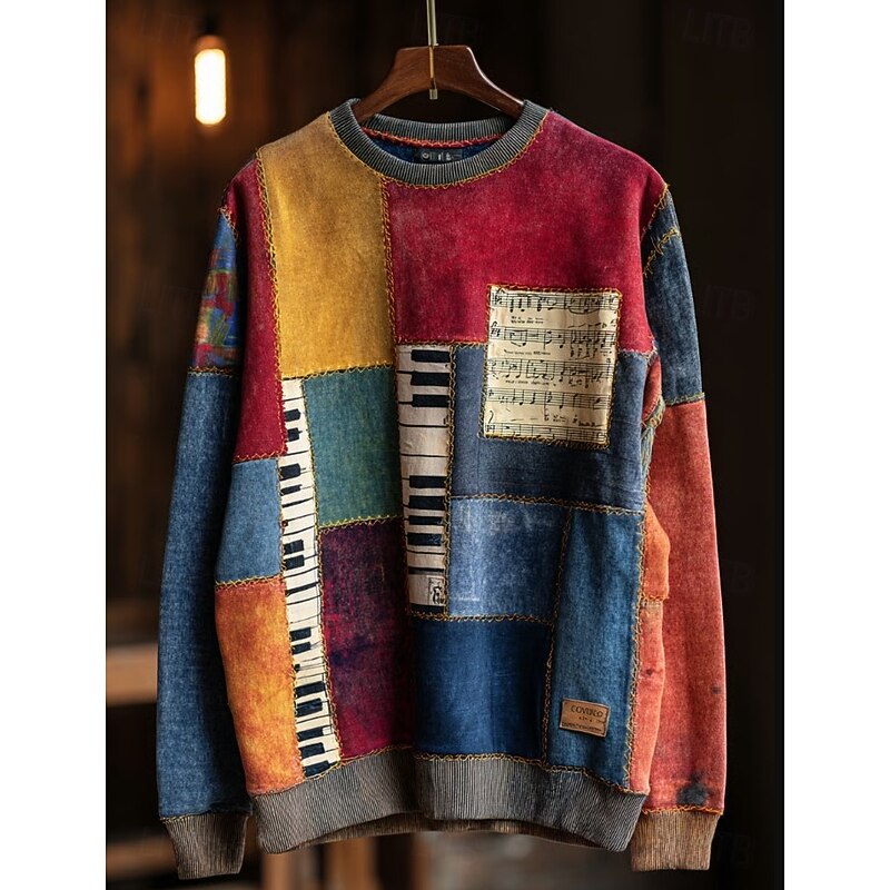 Women's Piano Music Sweatshirt Graphic Striped Abstract Casual Long Sleeve Crew Neck Regular Tops Home Work Street Patchwork Yellow Light Green Red Blue Orange Spring Fall Winter3