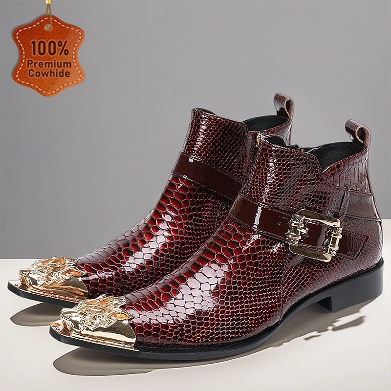 Men's Genuine Leather Ankle Boots with Snake Print and Buckle Straps – Gothic Punk Style Footwear for Parties, Stage Performances and Cosplay