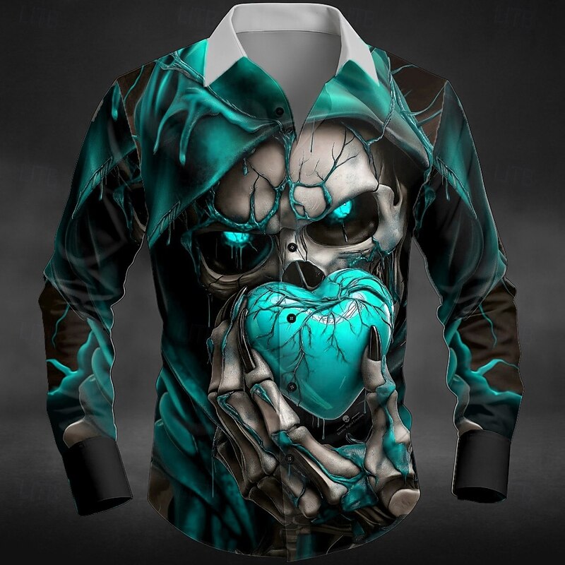 Halloween Men's Heart Skull Grim Reaper Shirt Button Up Shirt Long Sleeve Dark Punk Gothic Style Outdoor Holiday Summer Spring Turndown 3D Print Collared Shirts Red Blue Green3