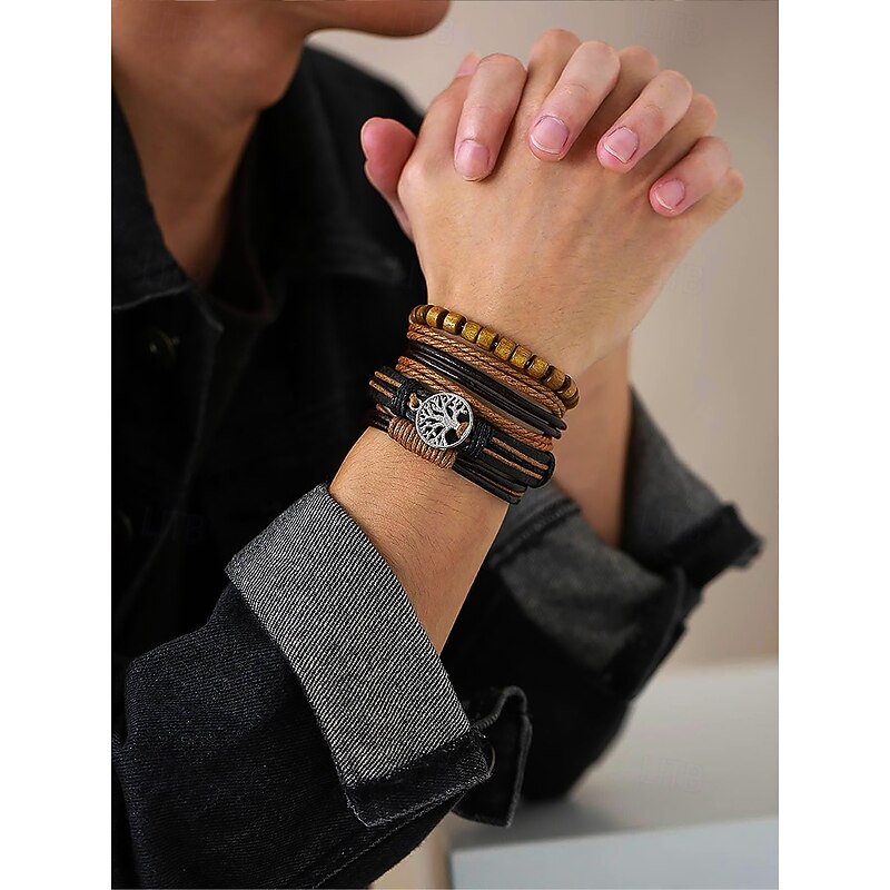 Men's Genuine Leather Multi-Layer Bracelet Set – Boho Beaded Tree of Life Cuff Wristband for Casual, Party and Travel2