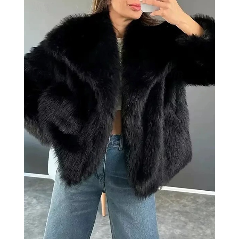 Women's Faux Fur Coat Warm Comfortable Furs & Leathers Casual Plain Street Holiday Going out Park Regular Turndown Regular Fit Long Sleeve Outerwear Black Fall Winter