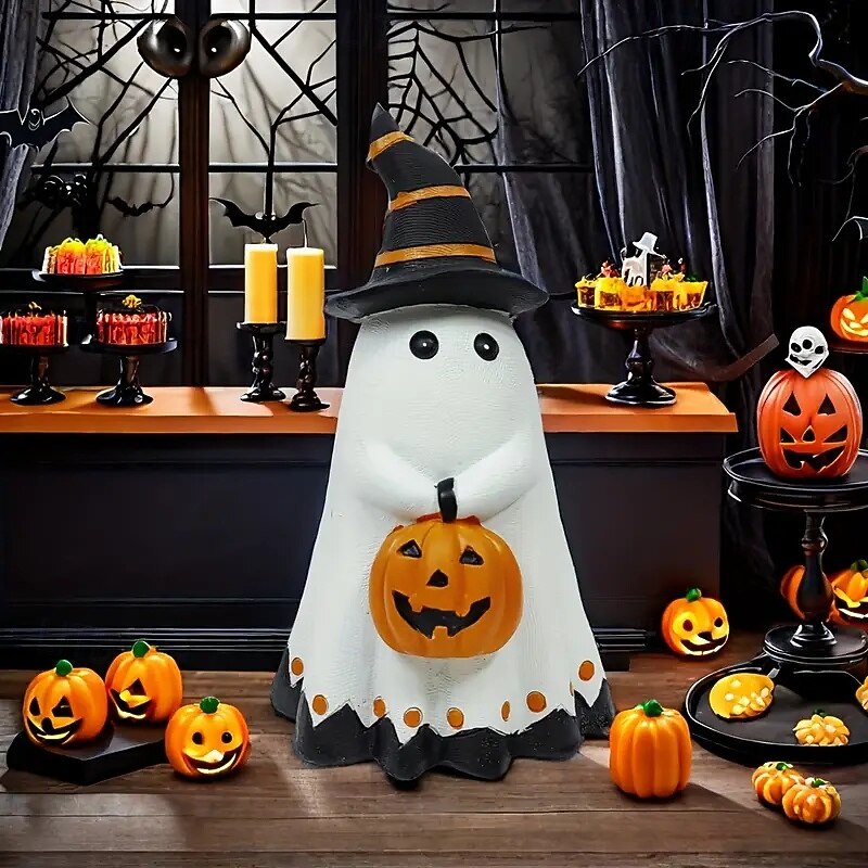 Halloween Witch Hat Pumpkin Statue Cartoon Spooky Resin Ghost Ornament for Home Decor Indoor Shelf Table Decor Perfect for Parties, Home, Garden, or Witch Brewing Display