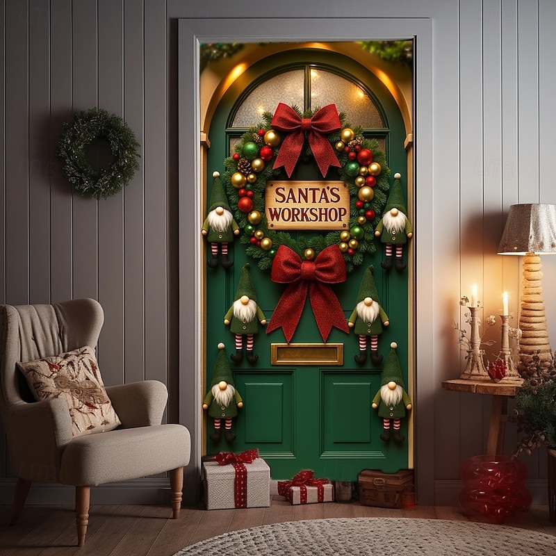 Christmas Door Cover, Festive Green Door with Wreath and Red Bow Holiday Entrance Backdrop Door Curtain for 2025 Xmas Party Indoor Outdoor Home Decorations2
