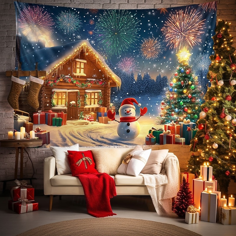 Chrismas Hanging Tapestry Gingerbread House Snowy Scene Christmas Tree Snowman Large Wall Art Mural Decor Blanket Curtain Holiday Home Bedroom Living Room Festive Party Decoration - Main Image