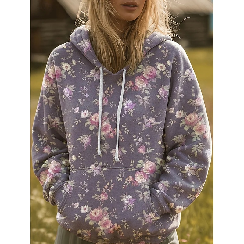 Women's Pullover Hoodie Sweatshirt Graphic Geometric Casual Boho Long Sleeve Hooded Regular Tops Street Dailywear Print Front Pocket Red Light Purple Purple Orange Green Fall Winter4