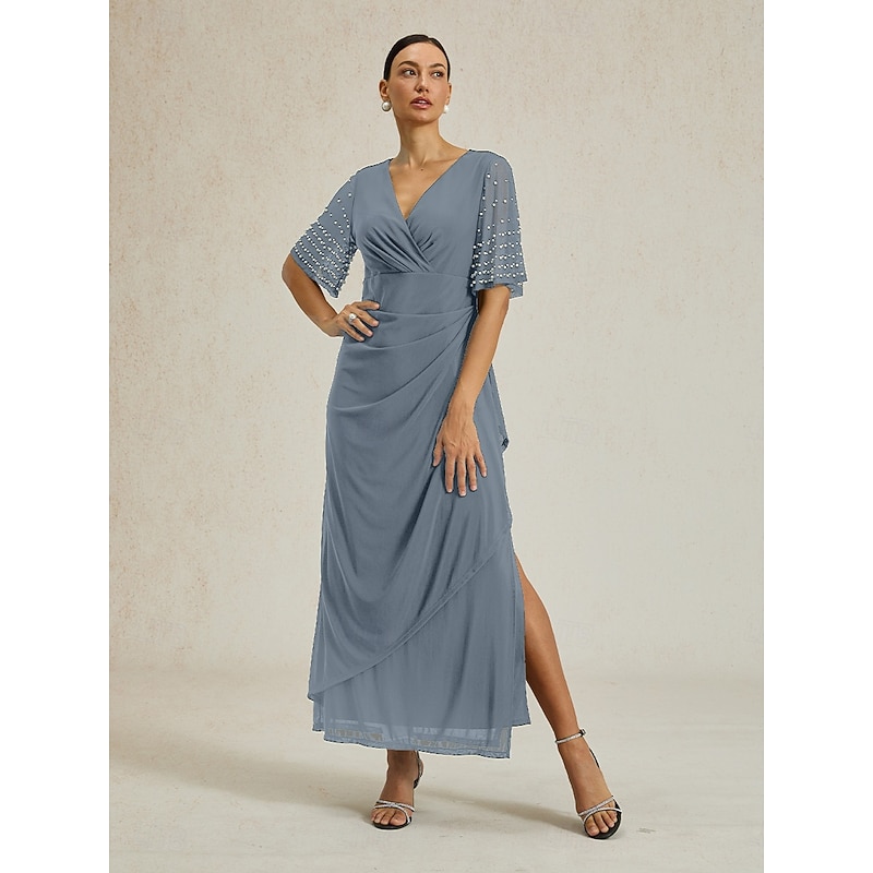 Women's Maxi Dress Sheath Dress Elegant Solid Color Short Sleeve V Neck Dusty Blue Summer Spring Fall