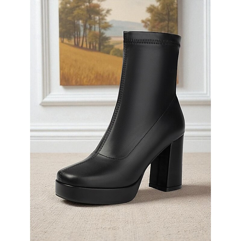 Women's Black Stretch Platform Ankle Boots – Chunky High Heel Square Toe Booties for Street Style,City Fashion and Night Out4