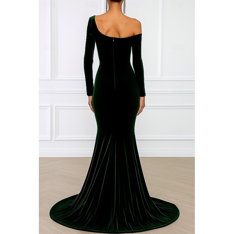 Green Black Mermaid / Trumpet Evening Gown Elegant Dress Formal Wedding Floor Length Long Sleeve Off Shoulder Velvet with Pleats 20252