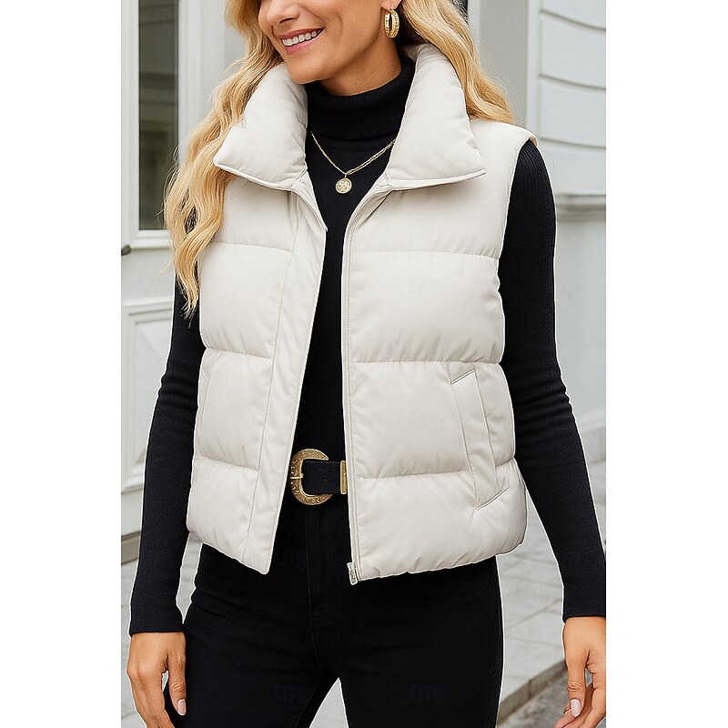 Women's Vest Comfortable Breathable Pocket Casual Plain Vacation Street Casual Daily Wear Zipper Short Stand Collar Loose Fit Sleeveless Outerwear Black White Khaki Spring Fall