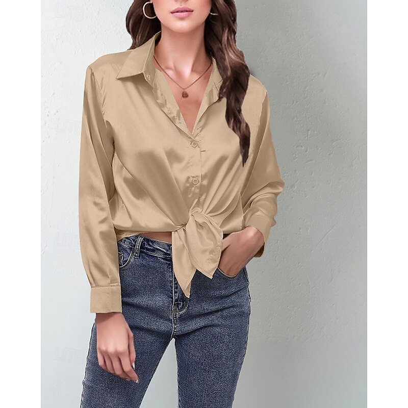 Women's Shirt Elegant Dressy Satin Solid Color Stylish Casual Long Sleeve Shirt Collar Regular Tops Daily Going out Buttons Light Green Sky Blue Purple Orange Khaki Spring Fall4