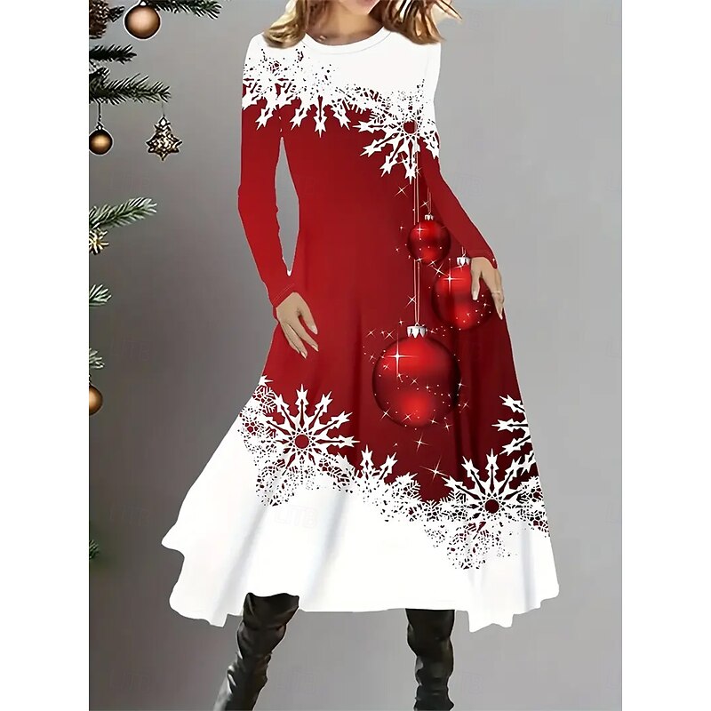 Christmas Women's Midi Dress A Line Dress Fit And Flare Dress Vacation Casual Boho Party Daily Going out Regular Fit Graphic Snowflake Long Sleeve Crew Neck Red Summer Spring Fall Winter3