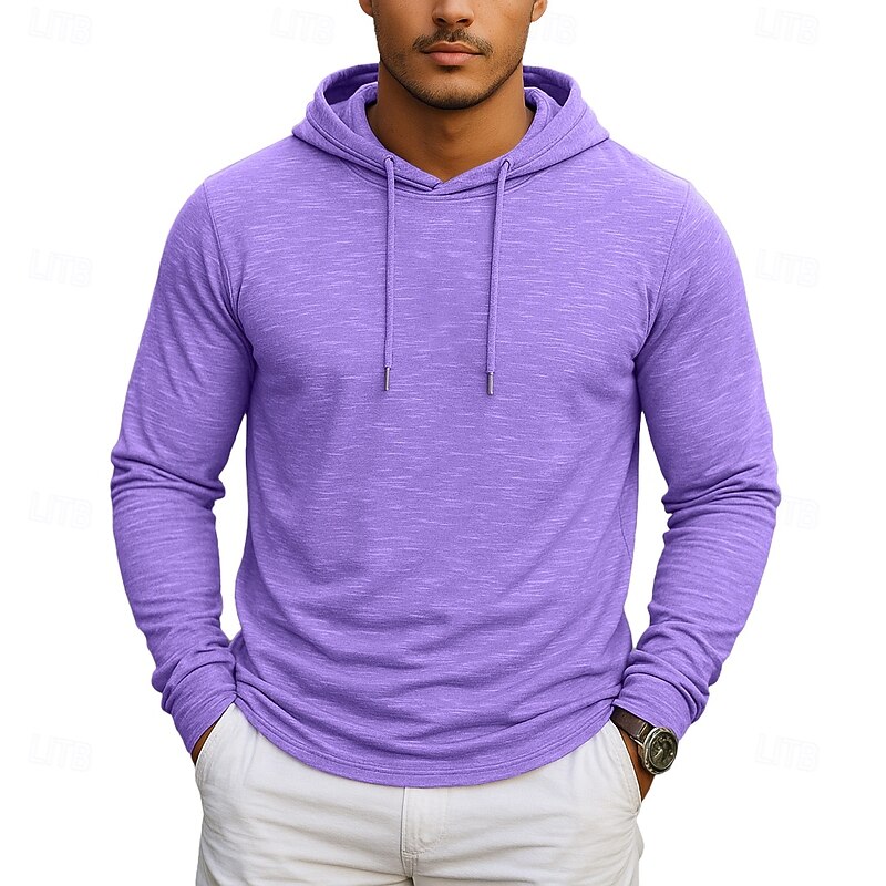 Men's T Shirt Long Sleeve Hooded Spring Fall All Seasons Solid Color Traditional / Vintage Casual Hooded Outdoor Vacation Casual dark brown Green Light Blue Top Tee for Men