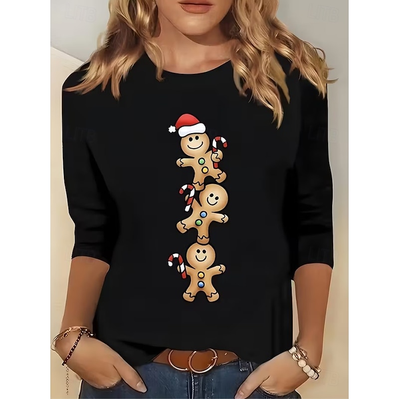 Christmas Women's T Shirt Graphic Santa Claus Reindeer Vintage Fashion Stylish Long Sleeve 3/4 Length Sleeve Crew Neck Regular Tops Daily Weekend Print Black Summer Spring Fall Winter