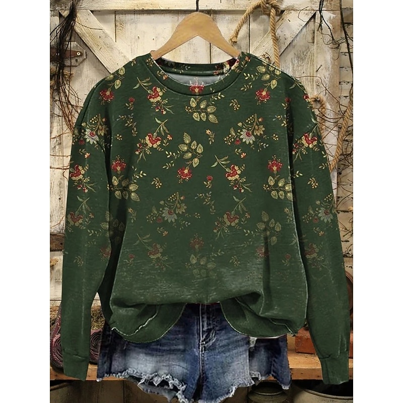 Women's Pullover Sweatshirt Floral Graphic Casual Long Sleeve Crew Neck Regular Tops Home Work Street Green Spring Fall Winter