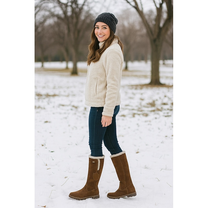 Women's Suede Knee-High Boots with Fleece Lining - Brown Winter Casual Boots for Outdoor Activities3