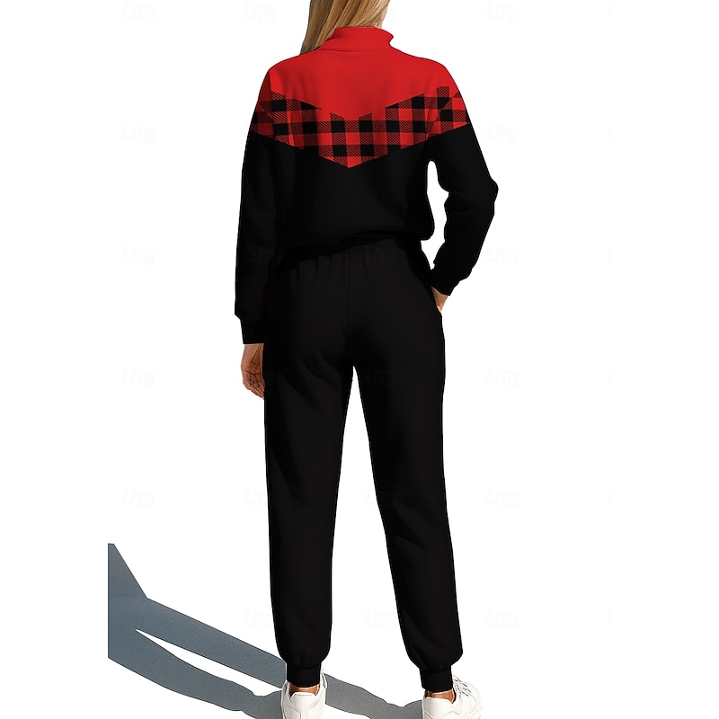 Christmas Women's Sweatshirt Tracksuit Sweatsuit Drawstring Zipper Plaid Checkered Jacket and Sweatpants Athletic Clothing Set Spring Red / black Casual Workout Outdoor Soft Baggy Long Sleeve Sport2