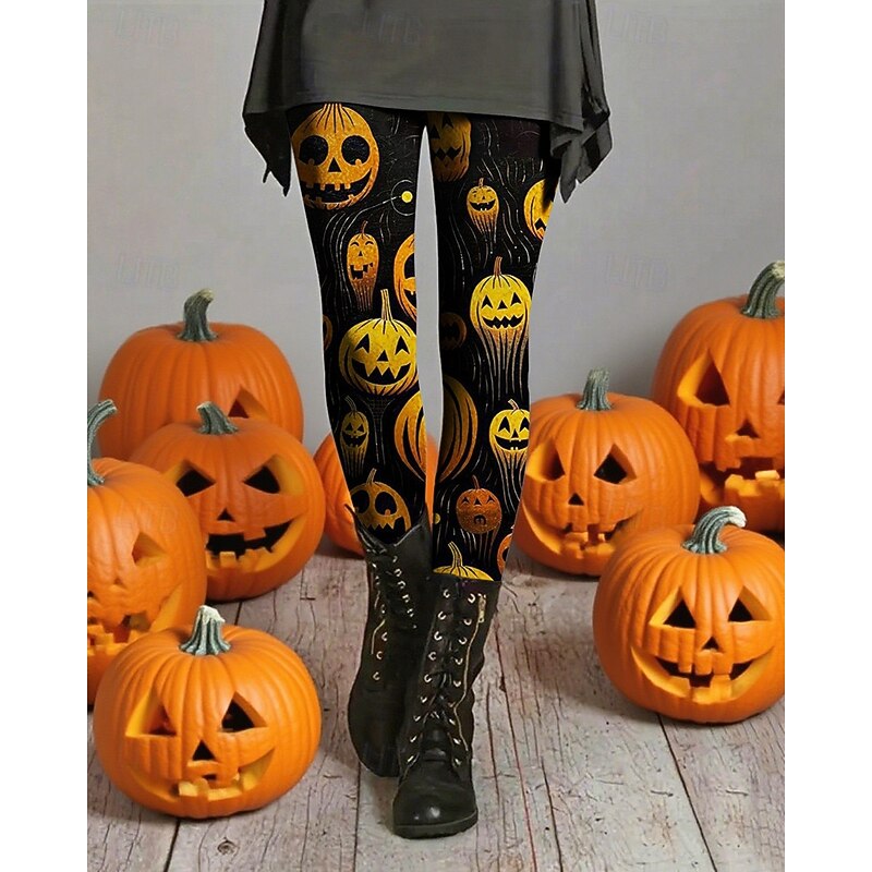 Women's Leggings Cozy Leggings Vacation Fashion Casual Full Length High WaistPantsHalloween Pumpkin Printing Thermal Warm Comfortable Stretchy Vacation Casual Daily Black Fall Winter Slim Fit