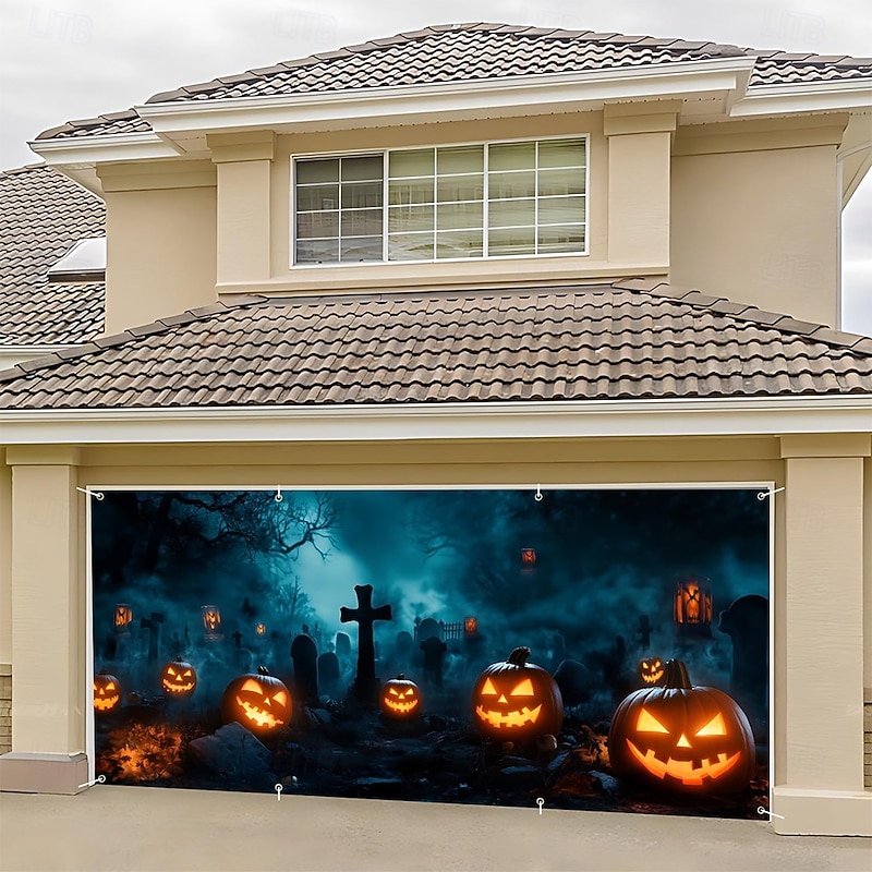 Halloween Tapestry Garage Door Cover Large Hanging Backdrop Pumpkin Cemetery 3D Dark Punk Gothic Style Party Outdoor Shooting Backgrounds Yard Haunted House Home Decor3