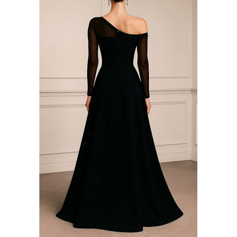 Black Tie A-Line Evening Gown Elegant Formal Dress Formal Wedding Floor Length Long Sleeve Off Shoulder Pocket Satin with Pleats 20252