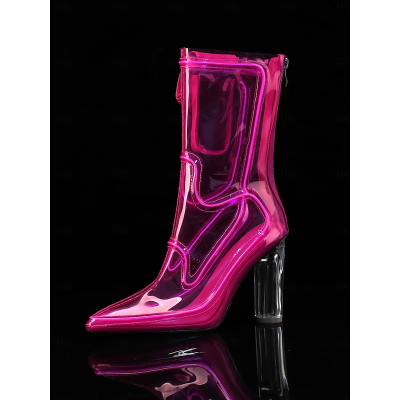 Women's Pink Patent Leather Mid Calf Boots with Clear Block Heels - Trendy Party Footwear for Nightlife & Club Outfits4