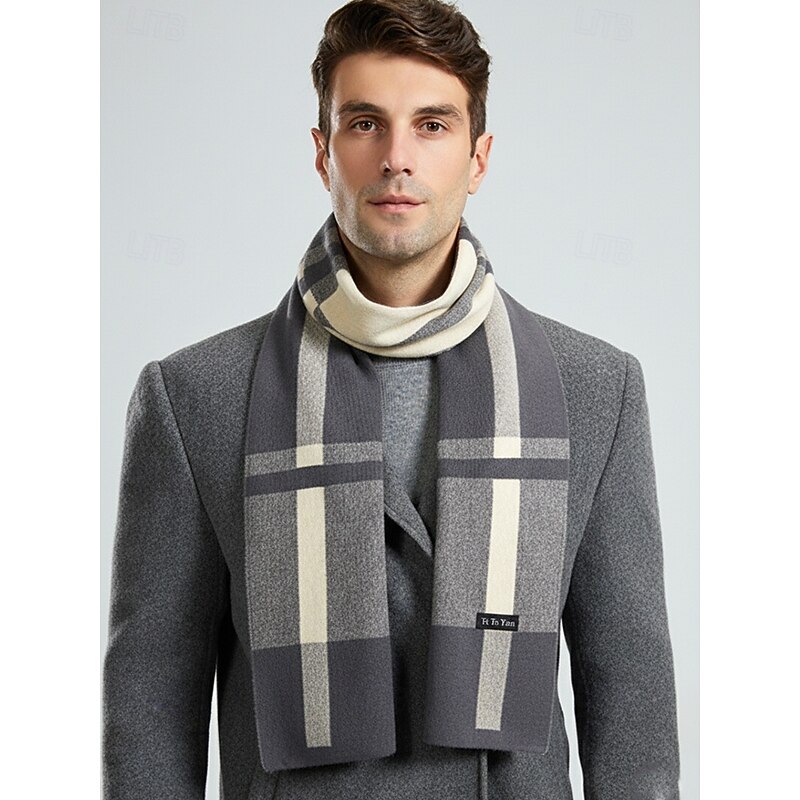 Men's Faux Wool Plaid Winter Scarf – Soft Warm Stripe Knit Shawl for Business, Casual Wear and Holiday Gift4