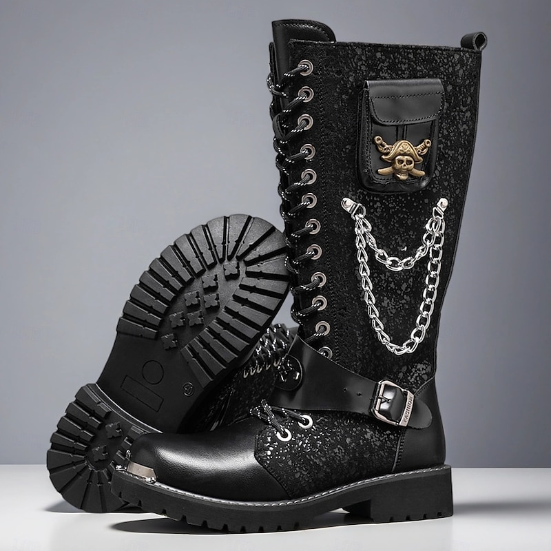 Men's Black Punk Gothic Boots Tall Lace-Up Combat Boots with Skull and Metal Chain Details for Halloween Parties, Horror Cosplay and Themed Festivals
