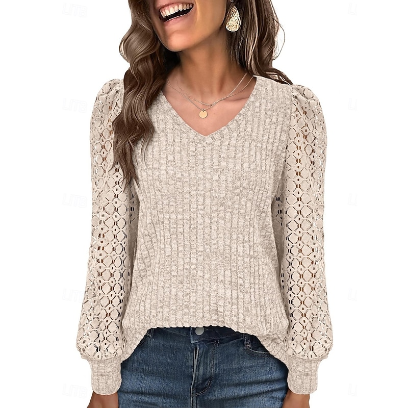 Women's Lace Shirt Floral Stylish Casual Long Sleeve V Neck Regular Tops Daily Lace Patchwork Black Purple Green Khaki Spring Fall