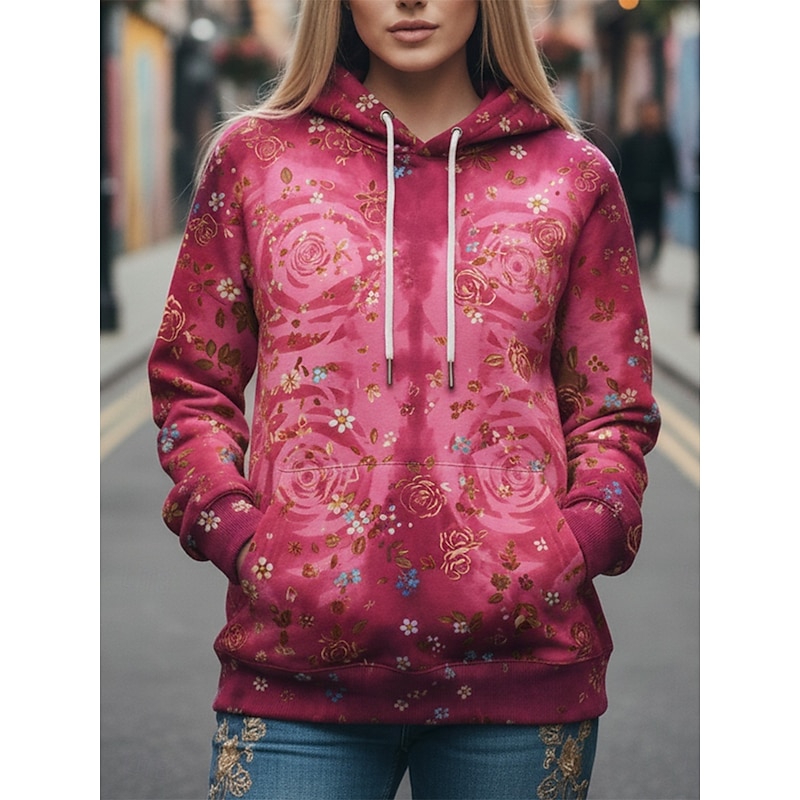 Women's Pullover Hoodies Rose Fashion Streetwear Casual Long Sleeve Hooded Regular Tops Dailywear Casual Sports Drawstring Pocket Print Red Fuchsia Spring Fall4