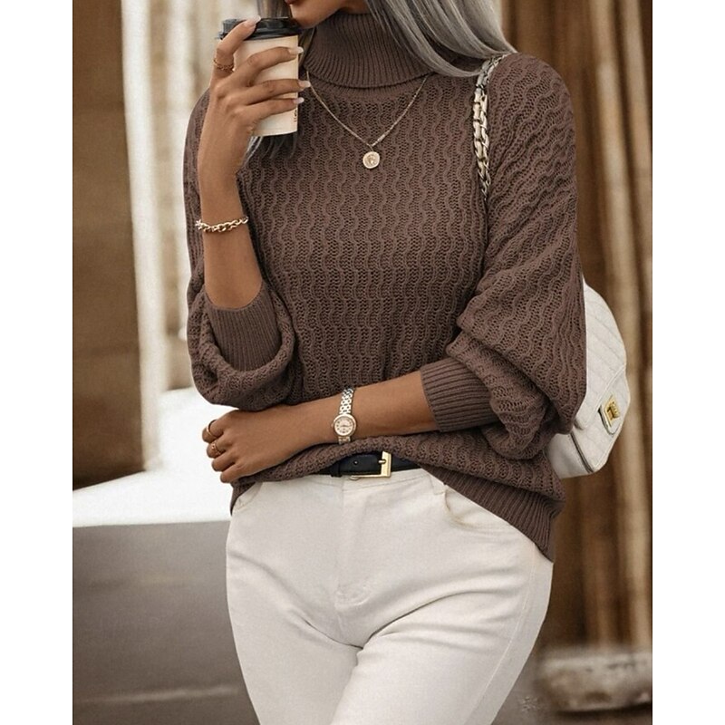 Women's Sweater Pullover Streetwear Casual Solid Color Cable Turtleneck Knitted Long Sleeve Regular Tops Knit Daily Holiday Going out Khaki Coffee Fall Winter