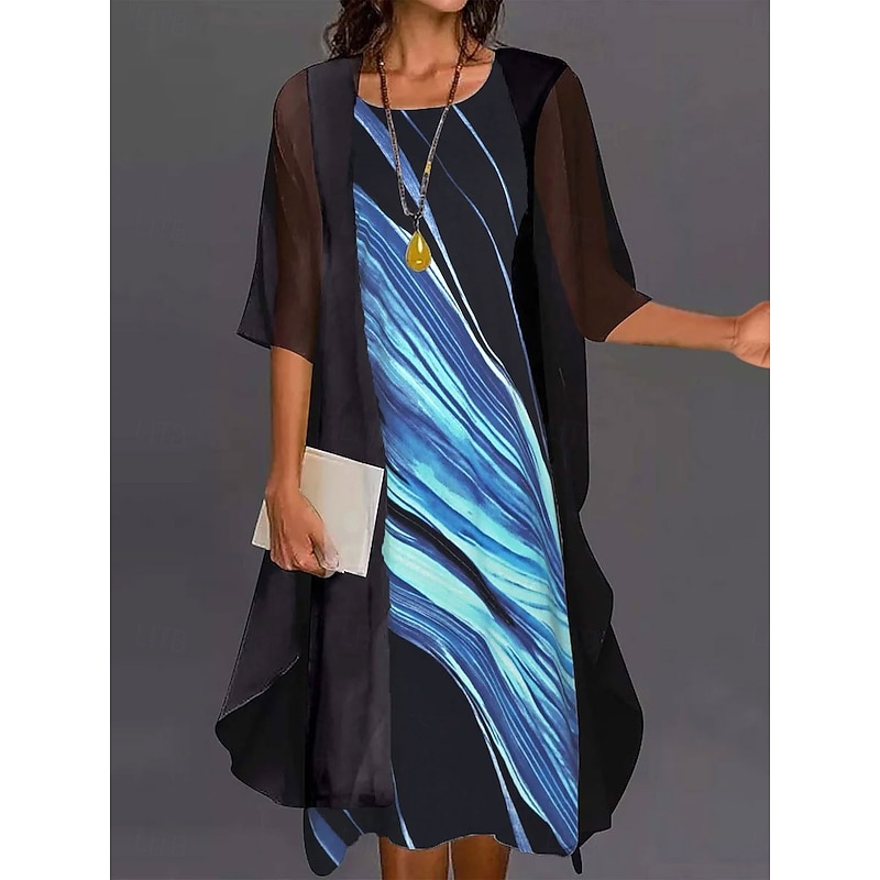 Women's Dress Set A Line Dress Vacation Casual Graphic Stripe Layered Print Mini Dress Half Sleeve Crew Neck Daily Black Blue Beige Summer Spring Loose Fit3