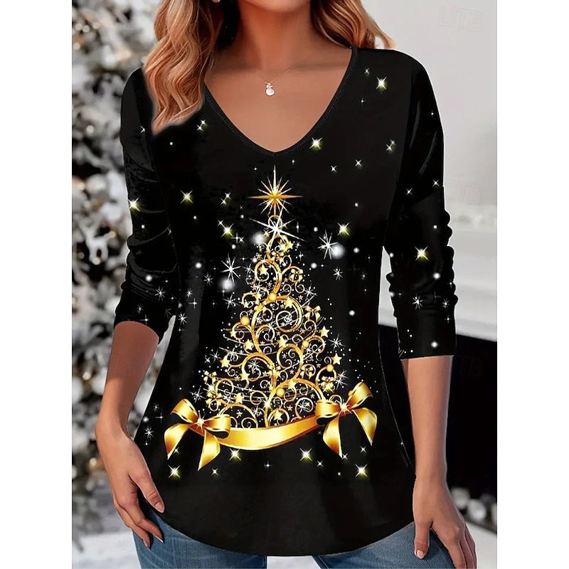Christmas Women's T Shirt Graphic Snowman Christmas Tree Vintage Stylish Classic Long Sleeve V Neck Regular Tops Daily Print White / Black Black+White+Red Black Wine Red Spring Fall Winter