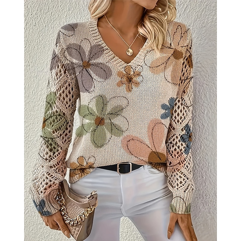 Women's Sweater Fashion Basic Casual Floral Ribbed V Neck Knitted Long Sleeve Regular Tops Knit Outdoor Daily Weekend Green Spring Fall