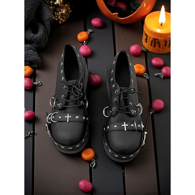 Women's Gothic Platform Shoes with Skull and Stud Details - Punk Rock Style Lace-Up Boots for Halloween Party Fashion3