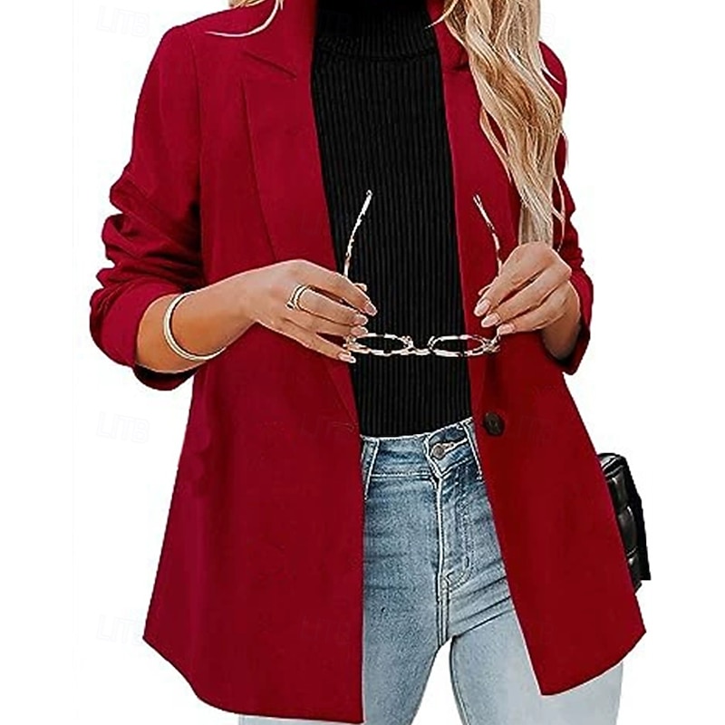 Women's Blazer Comfortable Buttons Elegant Fashion Outdoor Plain Going out Casual Daily Weekend Cardigan Regular Lapel Regular Fit Long Sleeve Outerwear Black Red Brown Spring Fall2