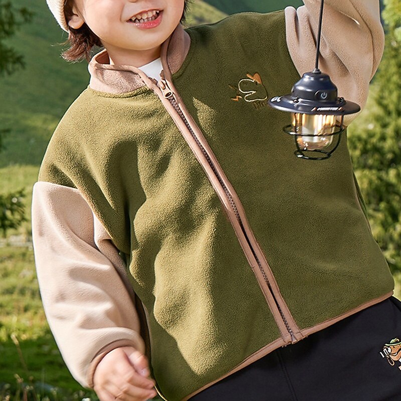 Kids Unisex Fleece Jacket Baseball Jackets Outerwear Color Block Long Sleeve Comfort Buttons Keep Warm Soft Fleece Coat Outdoor Fashion Daily Blue Green Gray Spring Fall 4 years+3